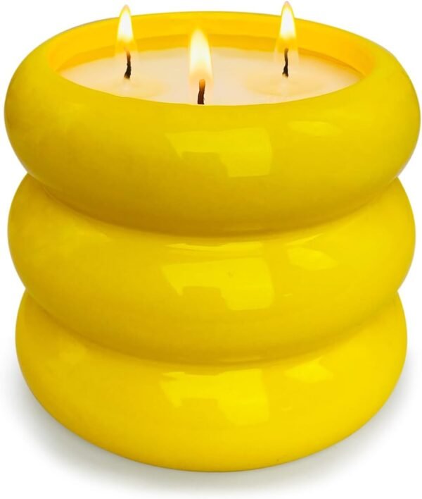 Outdoor 3 Wick Large Citronella Candle, 18oz, Ceramic, Yellow, Strong Lemongrass Scented Candles, for Patio Decor, Outside Table, Beautiful Candle Jars