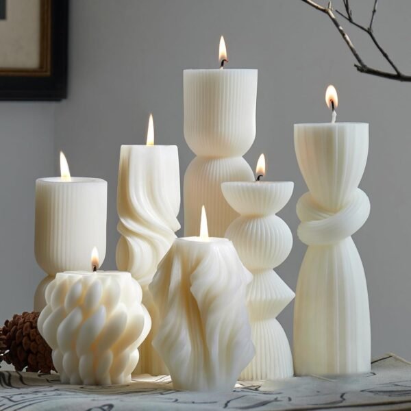 7-Piece Ribbed Column Candle Set | Soy Wax Handmade | Modern Aesthetic Decor | Homecoming Gift | Bookshelf & Desktop Decoration (White)