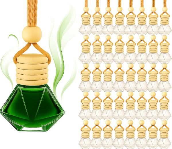 50 Pcs 8ml Hanging Car Air Freshener Diffuser,Clear Glass Car Diffuser Bottles Empty Bulk for Essential Oil Fragrance Perfume,Refillable Pendant Glass Vial with Wooden Cap Hanging String,Diamond Style