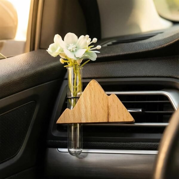 Little Glass Flower Vase Air Vent Clip, Wooden Stand Car Aroma Diffuser, Car Air Vent Decor Plant Holder, Auto Interior Decorations (Beech Peak)