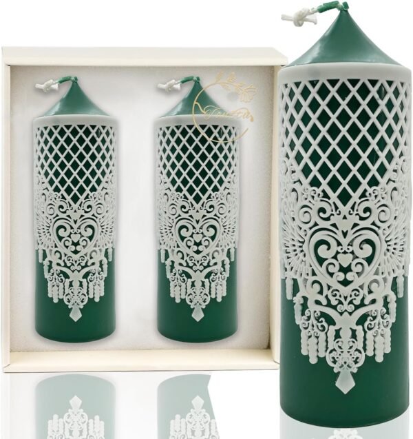 Hand-Poured Soy Scented Candles-Classically Romantic Embossed Lace Pillar Candles Set of 2|1.9" W x 6.2" H|Amber Moss Fragrance|Lasting 40 Hours|for Wedding,Dinnerand Home Decor(Forest Green)