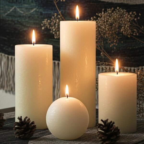 Rustic Ivory Textured Columnar Candle Set | 4 Pieces in Different Sizes | Unscented with Drips | Home Center Display/Holiday Table Decoration
