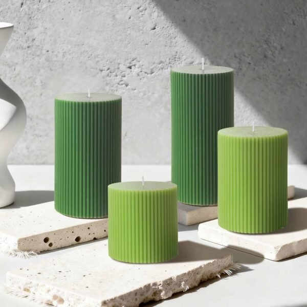 Four-piece ribbed column-shaped soy wax scented candle set | 3×3/4/5/6 inches | Roman column style | Christmas/bathroom/home decor (sage green)