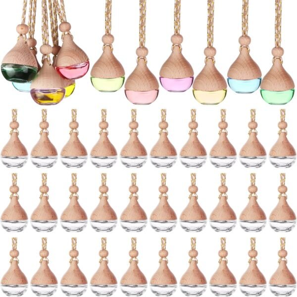 60 Pcs Hanging Car Air Freshener Car Diffuser Bottle Empty Glass Perfume Bottles Air Freshener Diffuser Bottle Pendant for Essential Oils Fragrance Aromatherapy Ornament Decor (Water Drop)