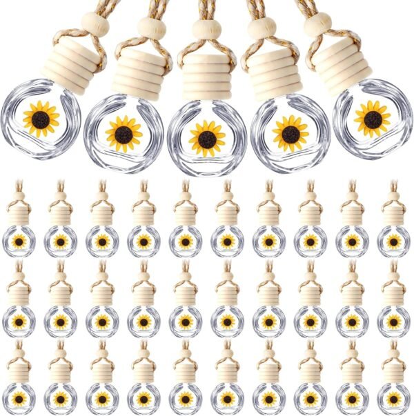 50 Pcs Hanging Car Air Freshener Car Diffuser Bottles Empty Glass Perfume Bottle Freshener Diffuser Bottle Pendant for Essential Oil Fragrance Aromatherapy Bottle Ornament(Clear,Sunflower)