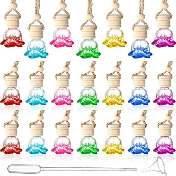 20 Pcs Car Essential Oil Diffuser Hanging Bottle Air Freshener Car Perfume Diffuser Empty Glass Bottle Refillable Aromatherapy Fragrance Bottle Pendant Auto Interior Ornament (Rose Style)